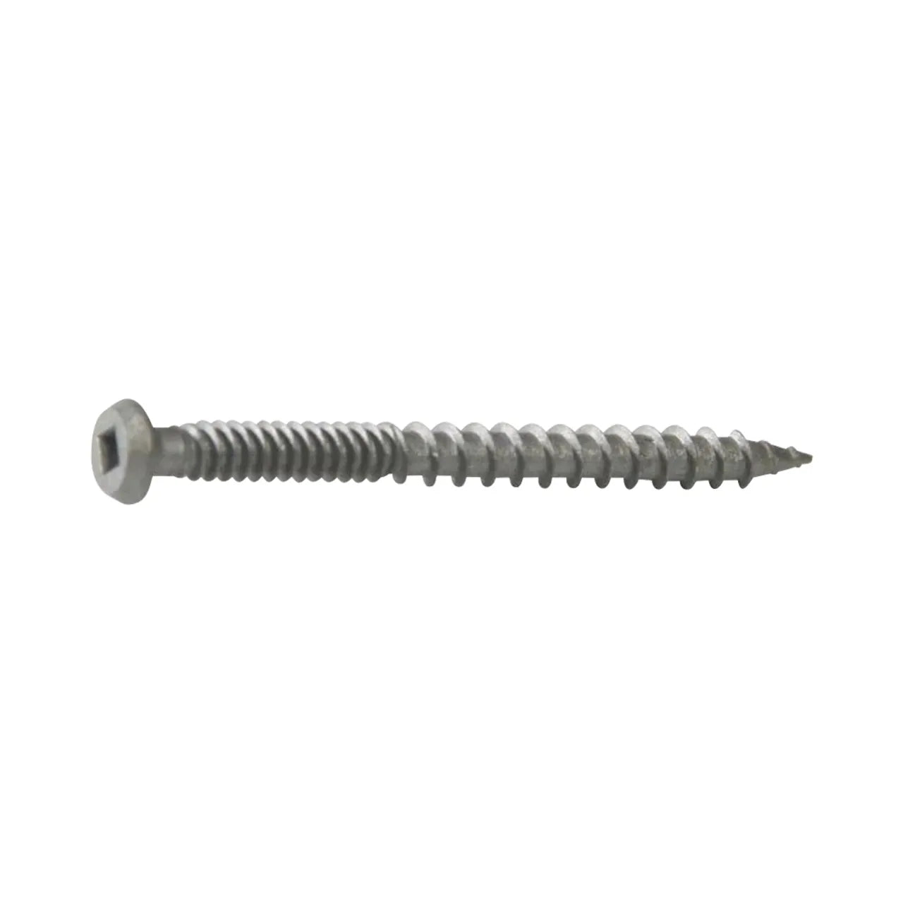 A Go Build #8 x 1-5/8 in. Star Drive Bugle Head Composite Deck Screw with coarse threads and a pointed tip is shown against a plain white background. (157/Pack).